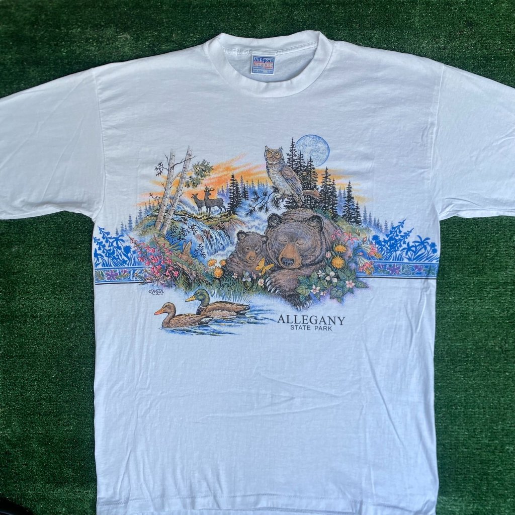 Vintage 90s Allegany State Park T-Shirt Nature Animal Wildlife Big Print Floral